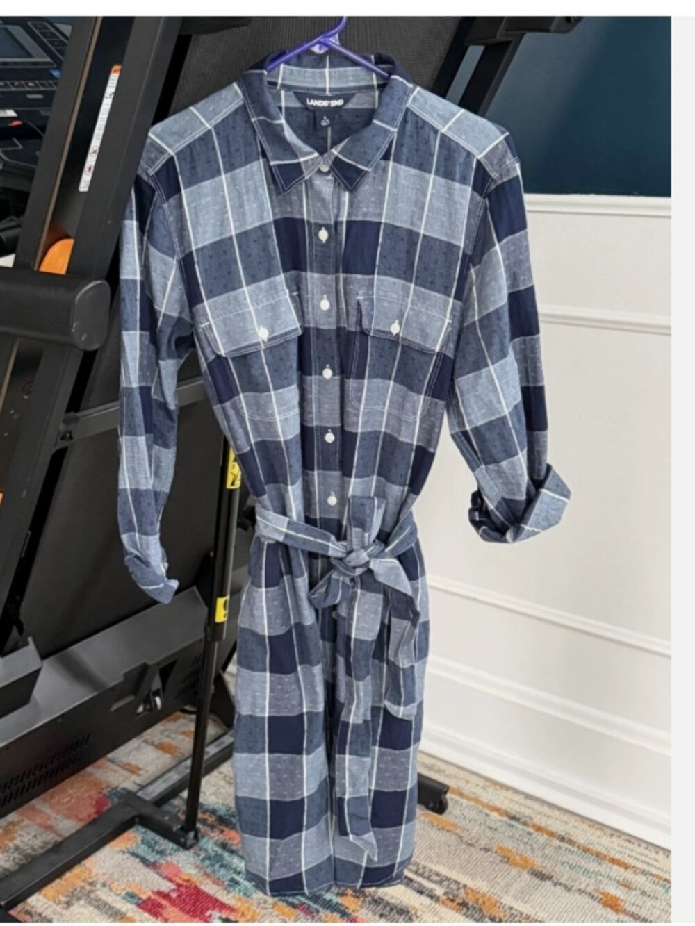Lands End 100% Cotton Button Front Tie Waist Plaid Shirt Dress Blue White L